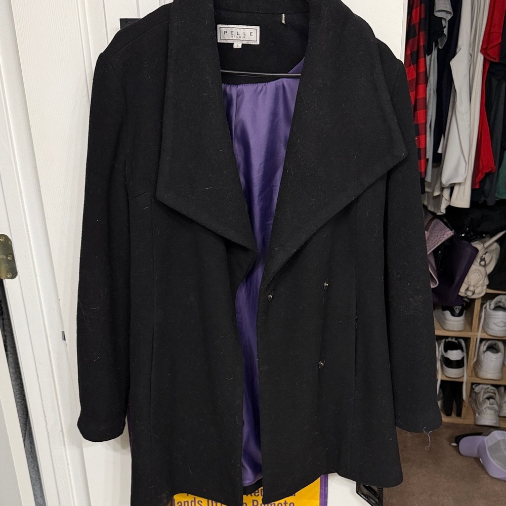 Pelle Studio Black Trench Coat with Purple Lining